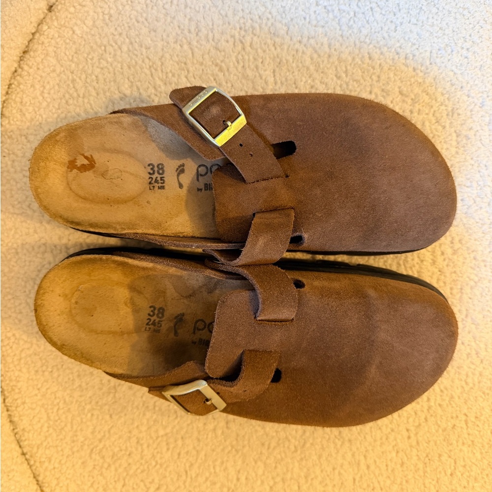 Papillio Brown Suede Mules with Gold Buckle